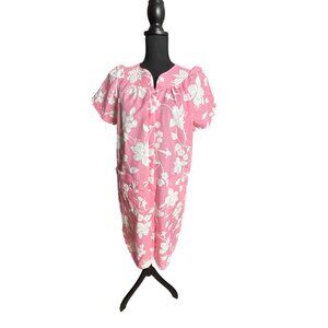 Vintage 70s Its A Charm Pink Floral Short Sleeve Cotton House Dress Size M